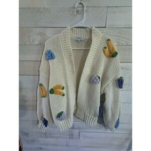 Anthropologie Duchamp Cream Knit 3D Fruit Womens Chunky Cardigan  One Size
